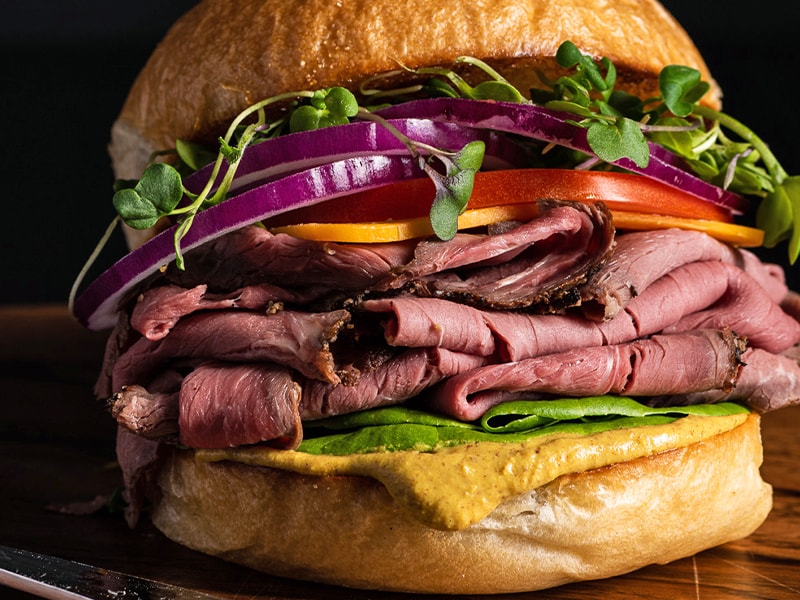 Close up of Spicy Horseradish Roast Beef Sandwich