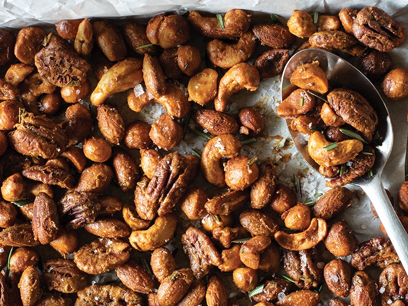 Close up of rosemary roasted nuts